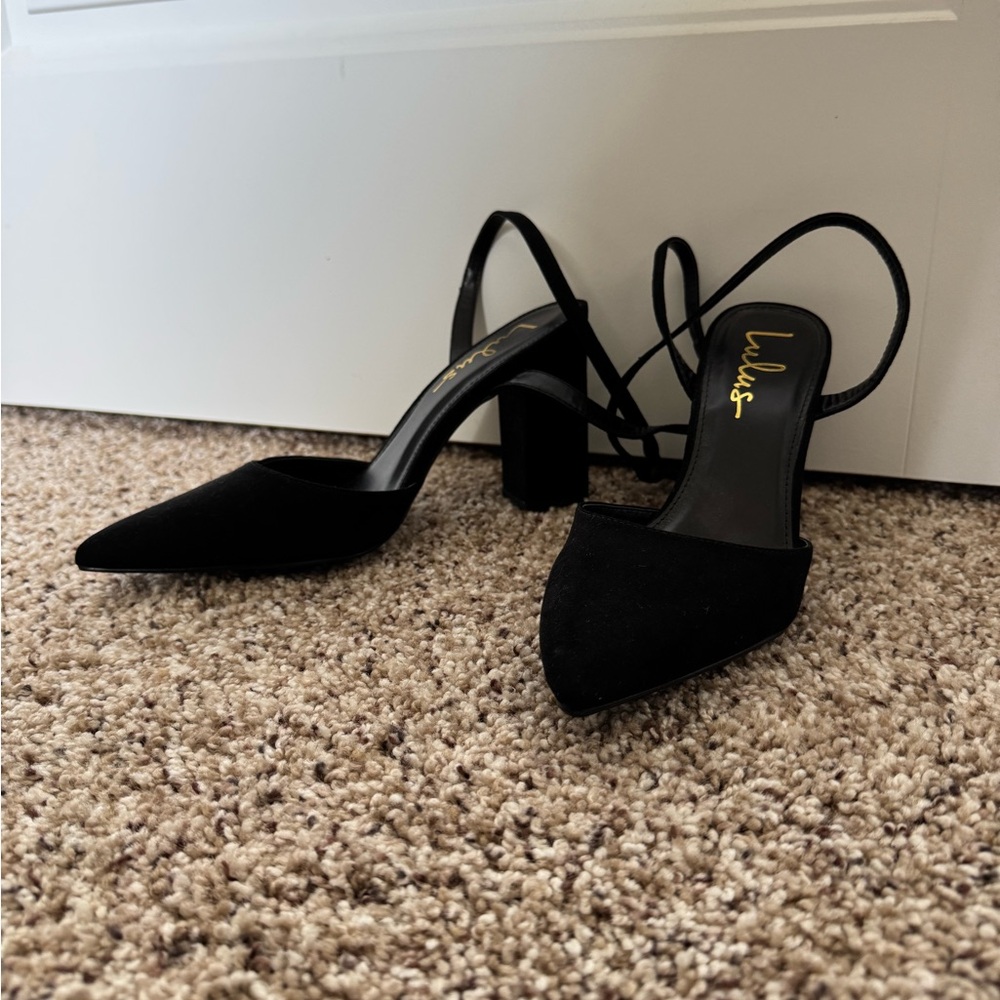 Lulus Viki Black Suede Pointed-Toe Ankle Strap Pumps Sz 7.5